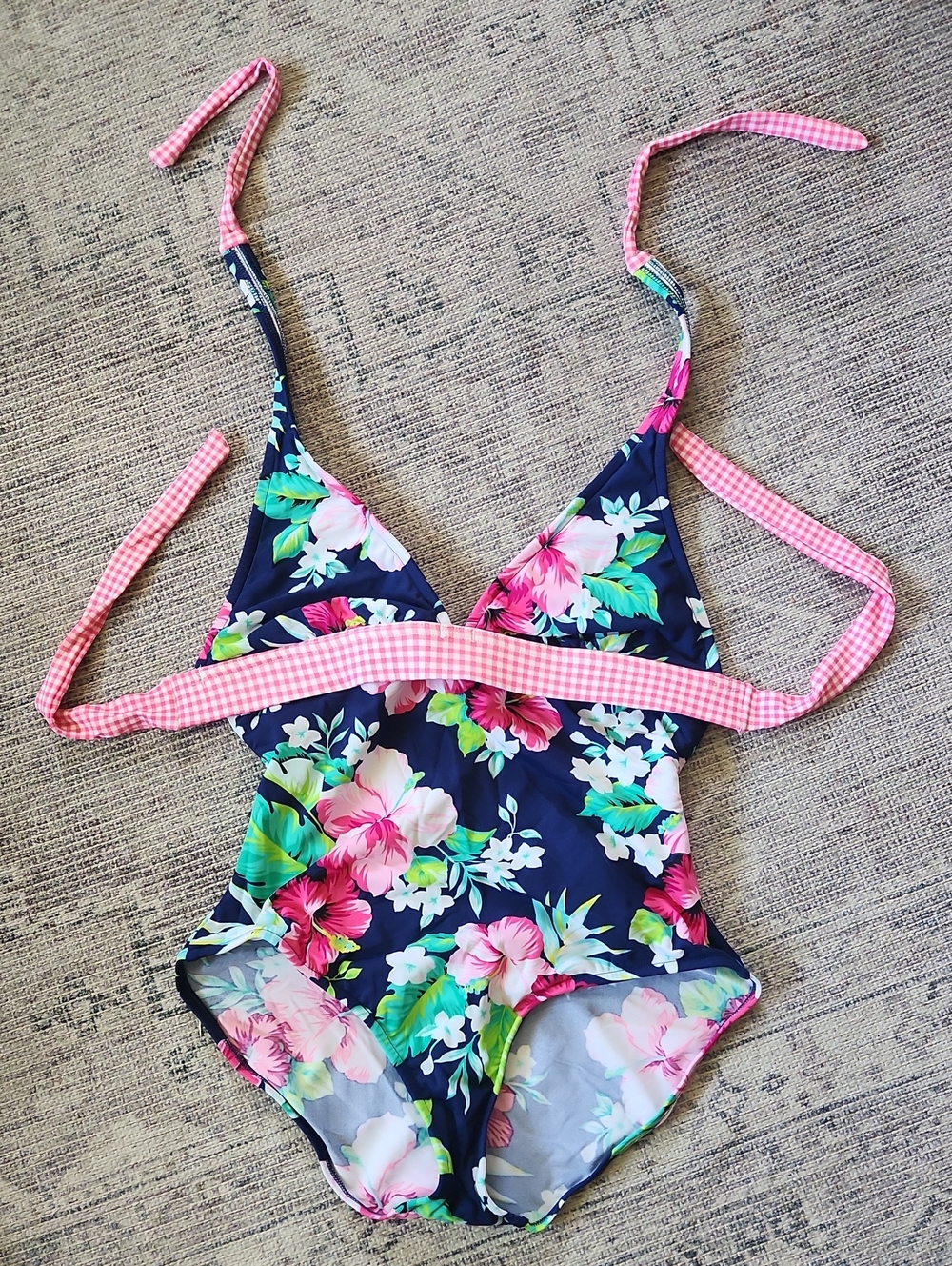 Navy floral and pink gingham one piece swim suit
